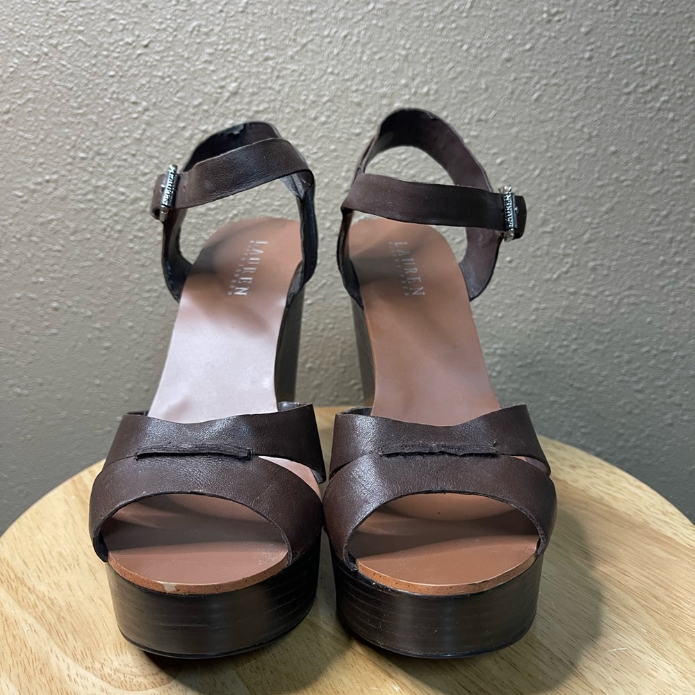 Lauren Ralph Lauren brown leather open toe high heel wedges Women’s 9.5B